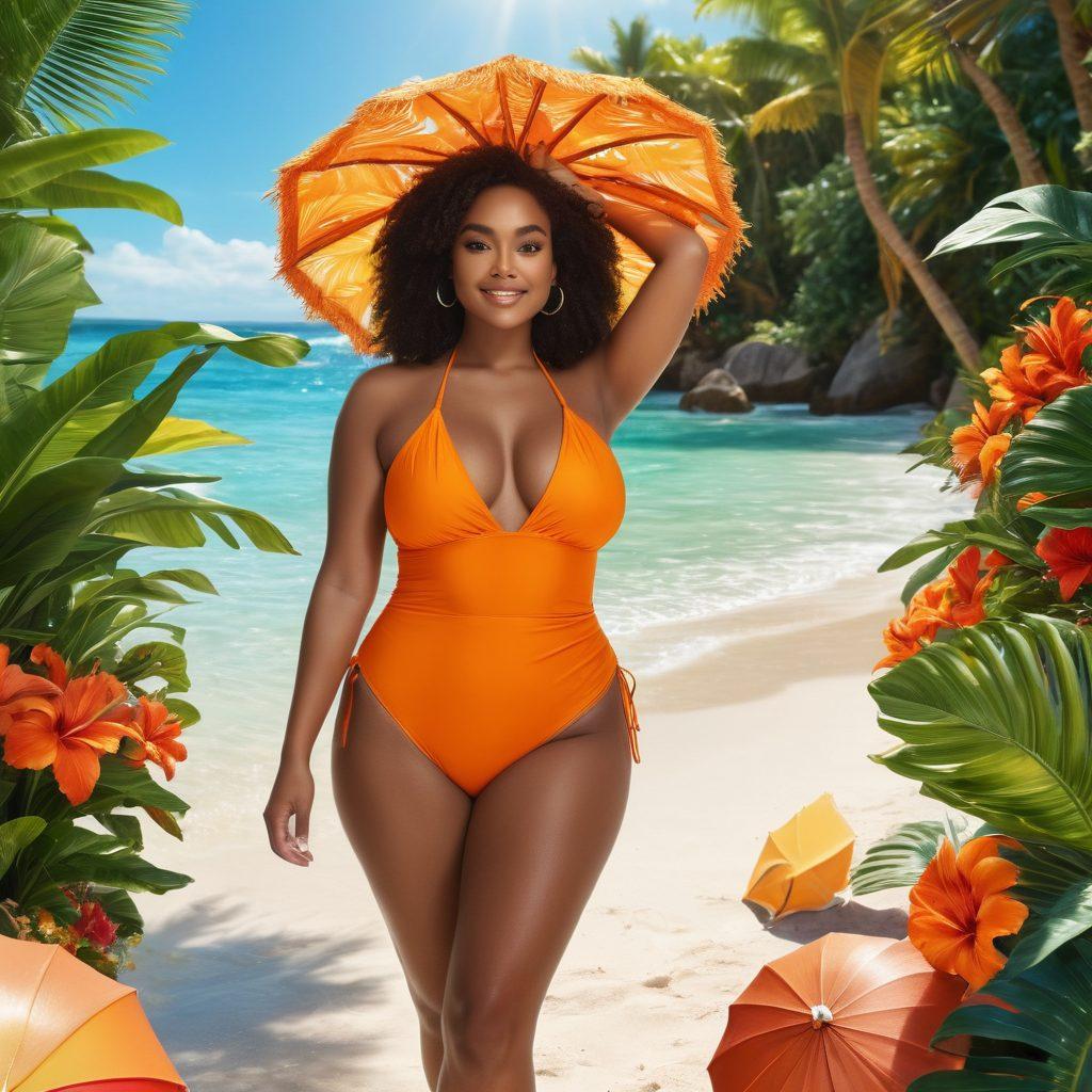 A stunning beach scene with diverse models of different body types, showcasing vibrant tropical swimwear, surrounded by lush greenery and bright flowers. The sun shines brightly, reflecting off the crystal-clear water, emphasizing a fun, body-positive atmosphere. Include elements like colorful beach umbrellas and playful water splashes for an energetic vibe. super-realistic. vibrant colors. sunny ambiance.